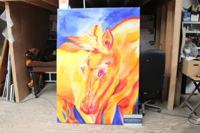 Grote kleurrijke schilderij van paarden – kavel bij GSD Auctions, Zoeterwoude