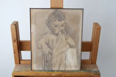 Zwart-wit potloodtekening van een kind in lijst' – kavel bij GSD Auctions, Zoeterwoude