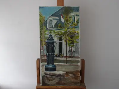 Schilderij van plein met waterpomp – kavel bij GSD Auctions, Zoeterwoude