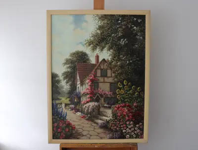 Groot schilderij van huis met bloemen en tuin – kavel bij GSD Auctions, Zoeterwoude
