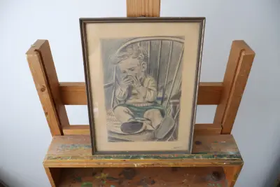 Ingelijste tekening van zittend kind' – kavel bij GSD Auctions, Zoeterwoude
