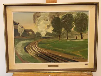 Olieverfschilderij Landschap met spoorweg - Z. Baran – kavel bij GSD Auctions, Zoeterwoude