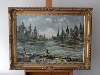 Olieverfschilderij stadsaanzicht - Rangé – kavel bij GSD Auctions, Zoeterwoude