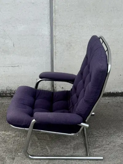 Vintage design fauteuil – jaren 70 – chroom & donkerpaars – kavel bij De Kringwinkel, Dilsen