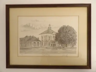 Lithografie stadsgezicht Leopoldsburg door Guy Desarzens – kavel bij De Kringwinkel, Leopoldsburg