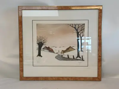Ingelijste litho van een landschap met boerderijen en bomen – kavel bij De Kringwinkel, Oudenaarde