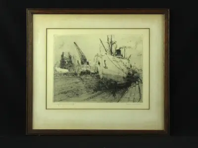 Romain Malfliet (1910-2006) ets 'Droogdok Antwerpen' – kavel bij De Kringwinkel, Antwerpen
