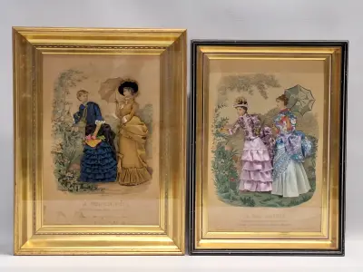 Set van 2 antieke Franse 3D-modeprenten - La Mode Illustrée - circa 1880 – kavel bij De Kringwinkel, Gent
