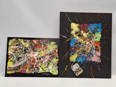 Set van 2 abstracte mixed-mediawerken in actionpaintingstijl - B. Masson – kavel bij De Kringwinkel, Gent