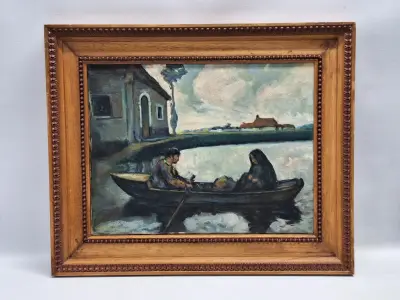 Expressionistisch riviertafereel met roeiboot - J. Bruynseels – kavel bij De Kringwinkel, Gent