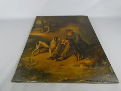 Schilderij - Jager met jachthonden in een landschap – kavel bij De Kringwinkel, Diest