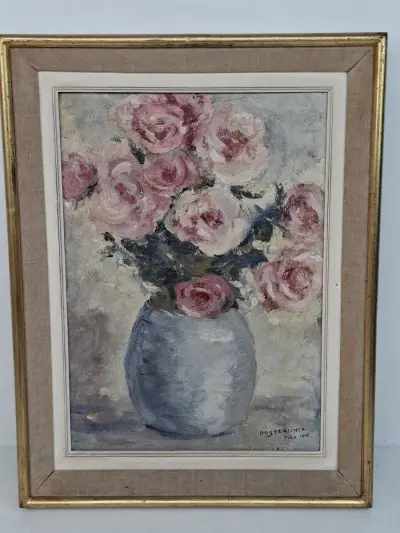 Authentiek Schilderij Jules Oosterlinck (1945) – Bloemenstilleven met Rozen – kavel bij De Kringwinkel, Waardamme