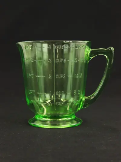 Vintage persglazen maatbeker in uraniumglas – kavel bij De Kringwinkel, Antwerpen