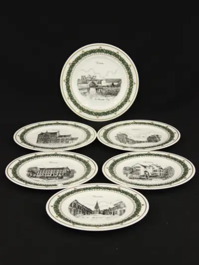 Set van 6 vintage Dessertborden met straatzichten uit Deurne beperkte oplage gesigneerd door de kunstenaar G. Swaenenpoel – kavel bij De Kringwinkel, Antwerpen