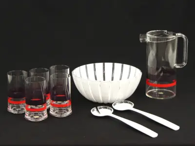Vintage Guzzini plexi set - saladekom, schenkkan en 5 glazen - Made in Italy – kavel bij De Kringwinkel, Antwerpen