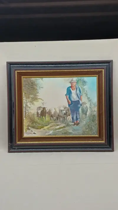 Olieverfschilderij herder met schapen gesigneerd R. De Smet – kavel bij De Kringwinkel, Zottegem