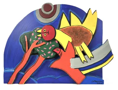 Houten polychroom reliëf, Corneille - "L'été baroque", 2002 – kavel bij Veilinghuis Klinkhamer, Groningen