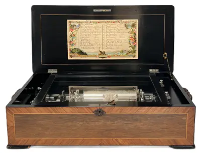 Muziekdoos met cilindermechaniek en marqueterie - Zwitserland, eind 19e eeuw – kavel bij Veilinghuis Klinkhamer, Groningen