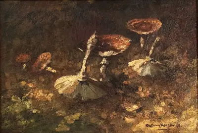Olieverfschilderij, Antony Keizer – stilleven met paddenstoelen, 1948 – kavel bij Veilinghuis Klinkhamer, Groningen