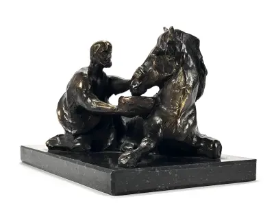 Bronzen beeld - man met paard op zwarte marmeren voet, tweede helft 20e eeuw – kavel bij Veilinghuis Klinkhamer, Groningen