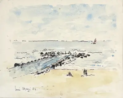 Aquarel, Louis Meys - strand van Scheveningen, dubbelzijdig, 1982–1983 – kavel bij Veilinghuis Klinkhamer, Groningen