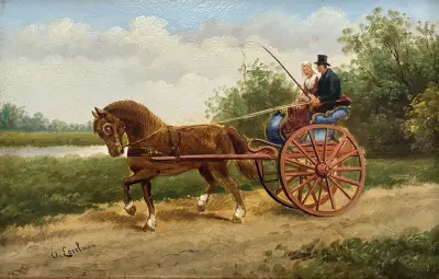 Olieverfschilderij – paard en sjees, late 19e eeuw – kavel bij Veilinghuis Klinkhamer, Groningen