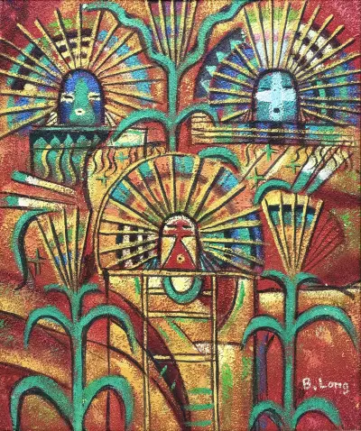 Schilderij, B. Long - abstracte compositie met Kachina figuren, jaren '60 – kavel bij Veilinghuis Klinkhamer, Groningen