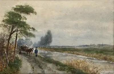 Aquarel - polderlandschap met paard en wagen, ca. 1890 – kavel bij Veilinghuis Klinkhamer, Groningen