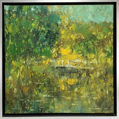 Schilderij, Zhong Nai – boslandschap met brug over water, 2013 – kavel bij Veilinghuis Klinkhamer, Groningen