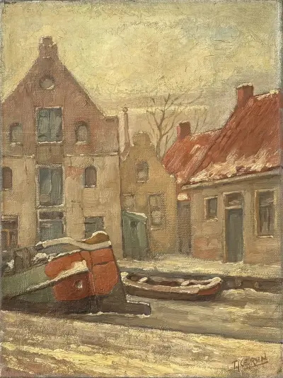 Olieverfschilderij, T.J. Geursen – stadsgezicht met boten, eerste helft 20e eeuw – kavel bij Veilinghuis Klinkhamer, Groningen