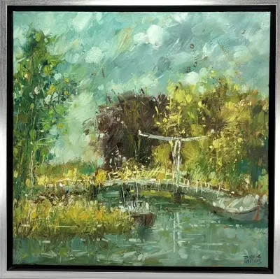 Olieverfschilderij, Zhong Nai – waterrijk landschap met ophaalbrug, 2013 – kavel bij Veilinghuis Klinkhamer, Groningen