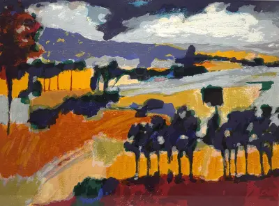 Zeefdruk, Willem Brauckmann – heuvellandschap met bomen, 2005 – kavel bij Veilinghuis Klinkhamer, Groningen