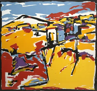 Zeefdruk, Erik Kierkels - expressionistisch heuvellandschap, 1997 – kavel bij Veilinghuis Klinkhamer, Groningen