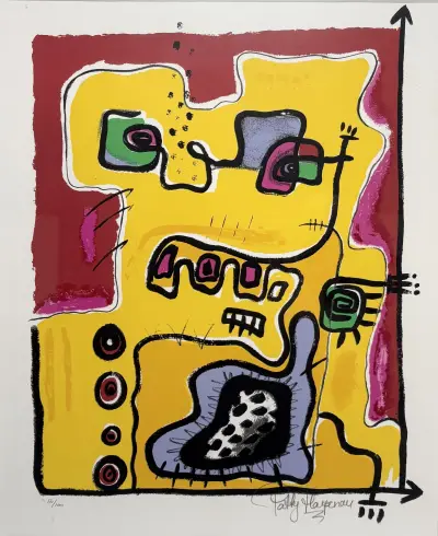 Zeefdruk, Patty Harpenau – 'Face It II', abstracte compositie, eind 20e eeuw – kavel bij Veilinghuis Klinkhamer, Groningen