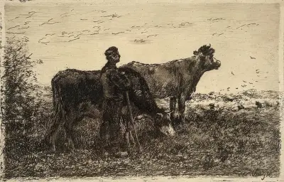 Ets, Jan Vrolijk - boer bij koeien, ca. 1880 – kavel bij Veilinghuis Klinkhamer, Groningen