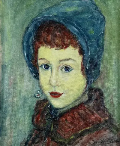 Olieverfschilderij – portret van een meisje met blauw hoofddeksel, 20e eeuw – kavel bij Veilinghuis Klinkhamer, Groningen