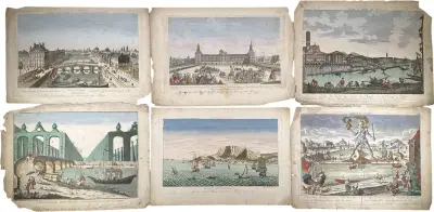 Handgekleurde opticaprenten - Londen, Parijs, Rome, Madrid, Rhodos en Kaap de Goede Hoop, ca. 1770 – kavel bij Veilinghuis Klinkhamer, Groningen