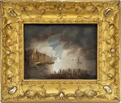 Schilderij, J.C. Elin – riviergezicht met vissers bij maanlicht, 1773 – kavel bij Veilinghuis Klinkhamer, Groningen