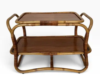 Rotan en houten serveerwagen – mid-century, jaren '50 – kavel bij Veilinghuis Klinkhamer, Groningen