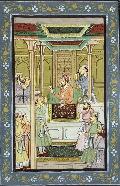 Miniatuurschilderij op zijde - darbar, Mughal-stijl, India, 20e eeuw – kavel bij Veilinghuis Klinkhamer, Groningen