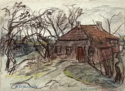 Pasteltekening, Hans Hendriks - "Leermens" – dorpsgezicht, midden 20e eeuw – kavel bij Veilinghuis Klinkhamer, Groningen