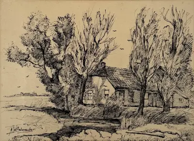 Inkttekening, A.W. Schreuder – boerderij met bomen, tweede helft 20e eeuw – kavel bij Veilinghuis Klinkhamer, Groningen