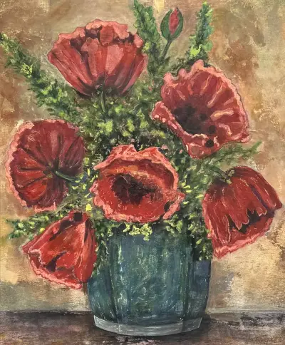Olieverfschilderij – bloemstilleven met rode klaprozen, 1988 – kavel bij Veilinghuis Klinkhamer, Groningen
