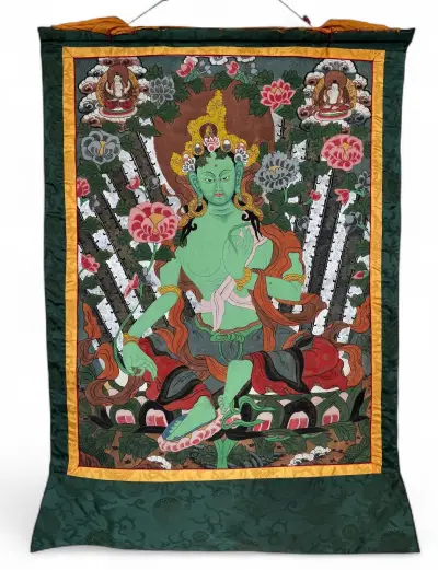Thangka Groene Tara – handbeschilderd textiel, Tibet, 20e eeuw – kavel bij Veilinghuis Klinkhamer, Groningen