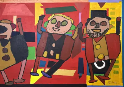 Acrylverfschilderij, Jeanine van Wijk – "Line Dance", drie dansende figuren, 2002 – kavel bij Veilinghuis Klinkhamer, Groningen