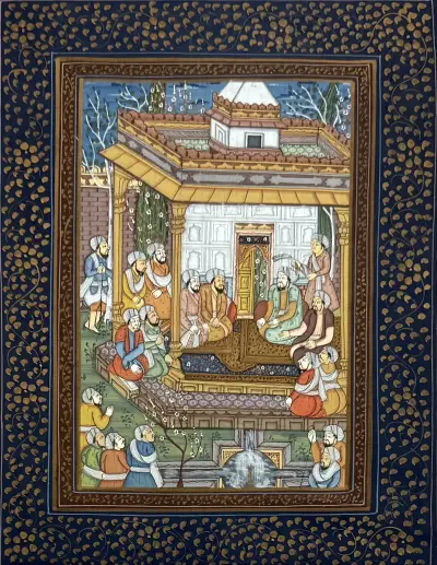 Miniatuurschildering op zijde – Mogol-stijl hof scène, India, 20e eeuw – kavel bij Veilinghuis Klinkhamer, Groningen
