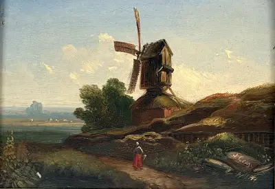 Olieverfschilderij, J. Gray – molenlandschap met windmolen, 19e eeuw – kavel bij Veilinghuis Klinkhamer, Groningen