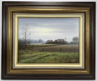 Olieverfschilderij, J. Wessels – polderlandschap met fazanten, tweede helft 20e eeuw – kavel bij Veilinghuis Klinkhamer, Groningen