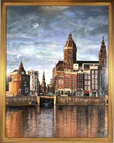 Olieverfschilderij, Jan Prins – stadsgezicht Amsterdam, 2017 – kavel bij Veilinghuis Klinkhamer, Groningen