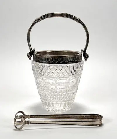 Art Deco kristallen ijsemmer met zilveren klontjestang, ca. 1930 – kavel bij Veilinghuis Klinkhamer, Groningen